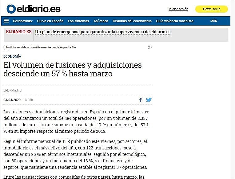 El volumen de fusiones y adquisiciones desciende un 57 % hasta marzo